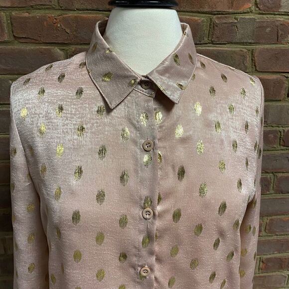 Blush & Gold Shimmer Design Sheer Long Sleeve Button Down Blouse - Picture 4 of 6